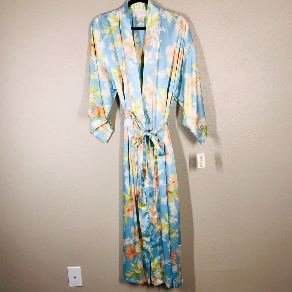 Oscar de la Renta Pink Label Blue and Cream Hibiscus Bloom Full Length Robe